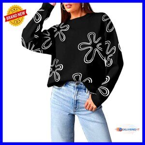 Crewneck Cable Knit Pullover Sweater Floral Print Loose Fit Casual Chic